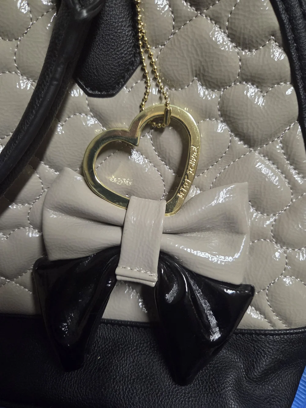 Betsey Johnson Rockstar Quilted Dome Satchel in Beige and Black